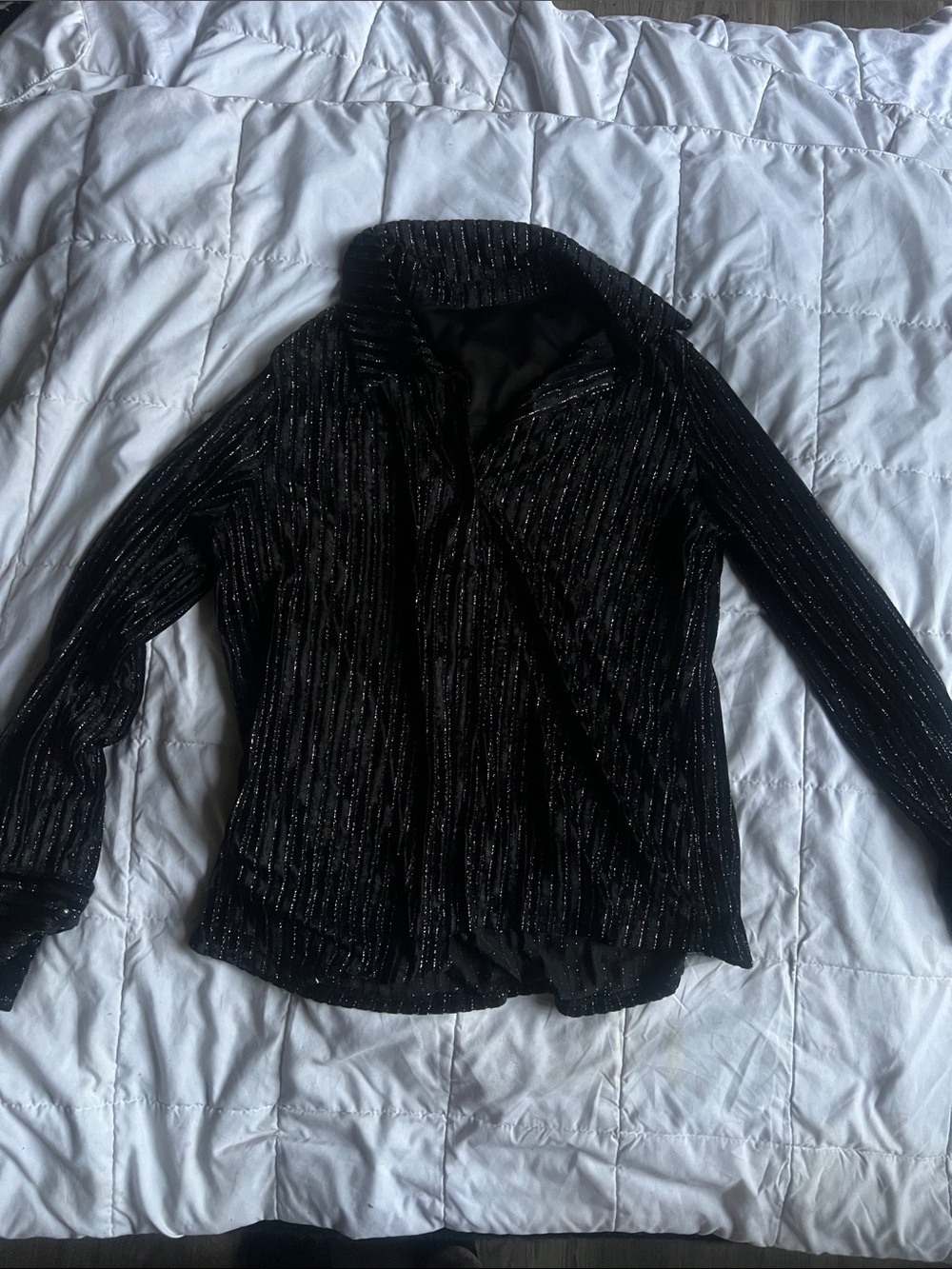 BLACK SPARKLE STRIPED COLLARD VELVET BLOUSE